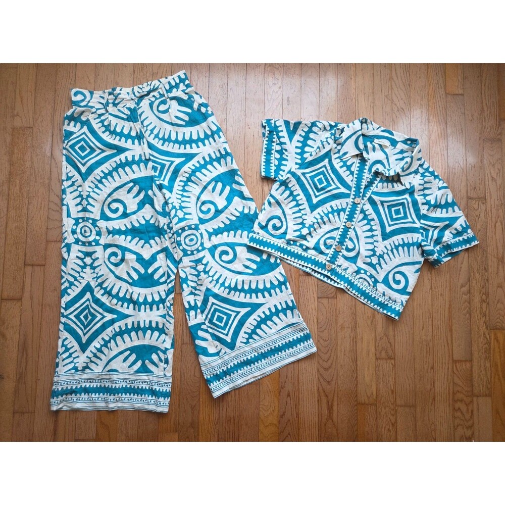 Haute Hippie Style Teal & White 2-Piece Set Shirt & Wide Leg Pants Women